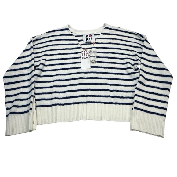 Kerri Rosenthal XOKR Sweater M White Blue Striped Cropped Nexts Smile Is On You - Picture 1 of 9